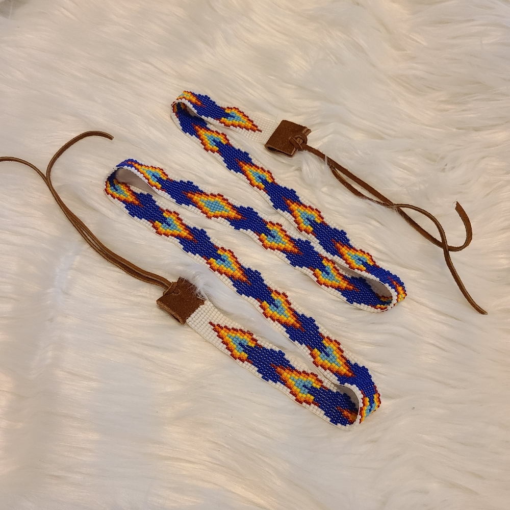Southwestern Beadwork Aztec Fringe Belt Hat Band Multicolor Handmade Leather - Picture 1 of 3